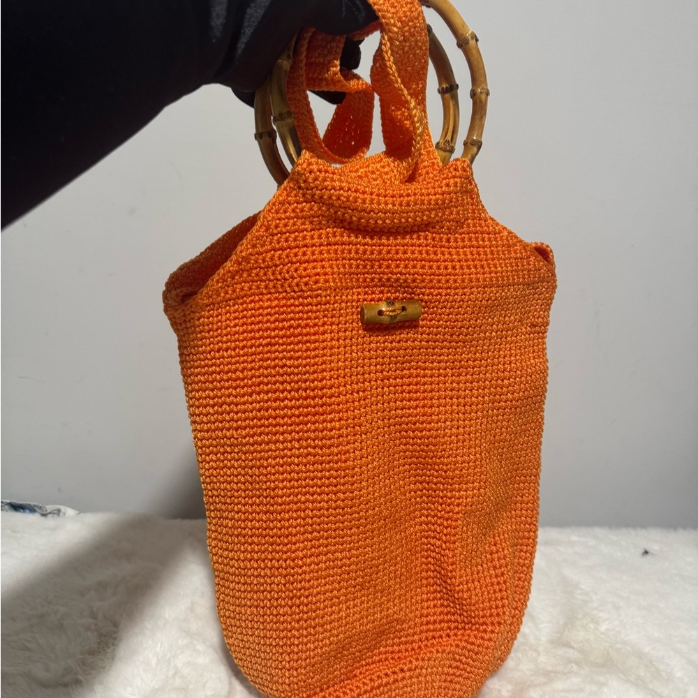 Orange Crochet Tote Bag with Bamboo Handles